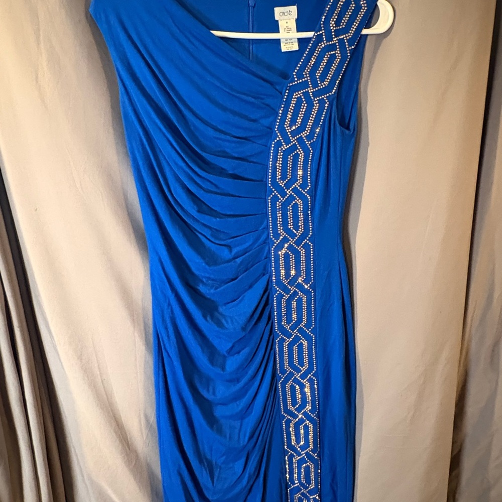 Cashe One-Shoulder Royal Blue Evening Dress with Embellished Trim